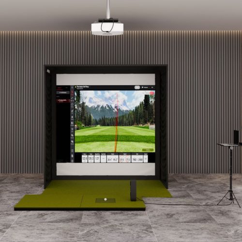 Uneekor EYE MINI LITE SIG8 Golf Simulator enclosure with sigpro softy 4' x 7' golf mat